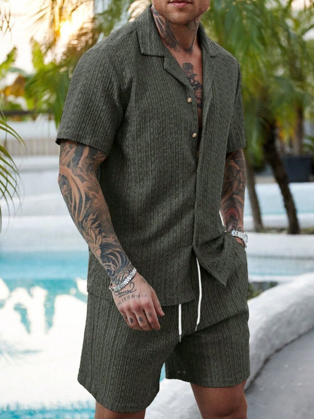 Army Green Button-Down Men's Shirt and Shorts Set - Picture 3 of 6